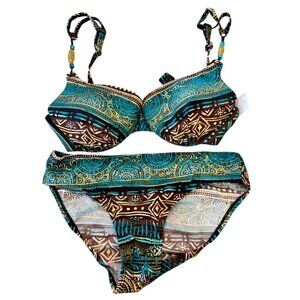 Bikini Set 2 Piece Swimsuit Turquoise Brown‎ Patterned Beach Pool Party